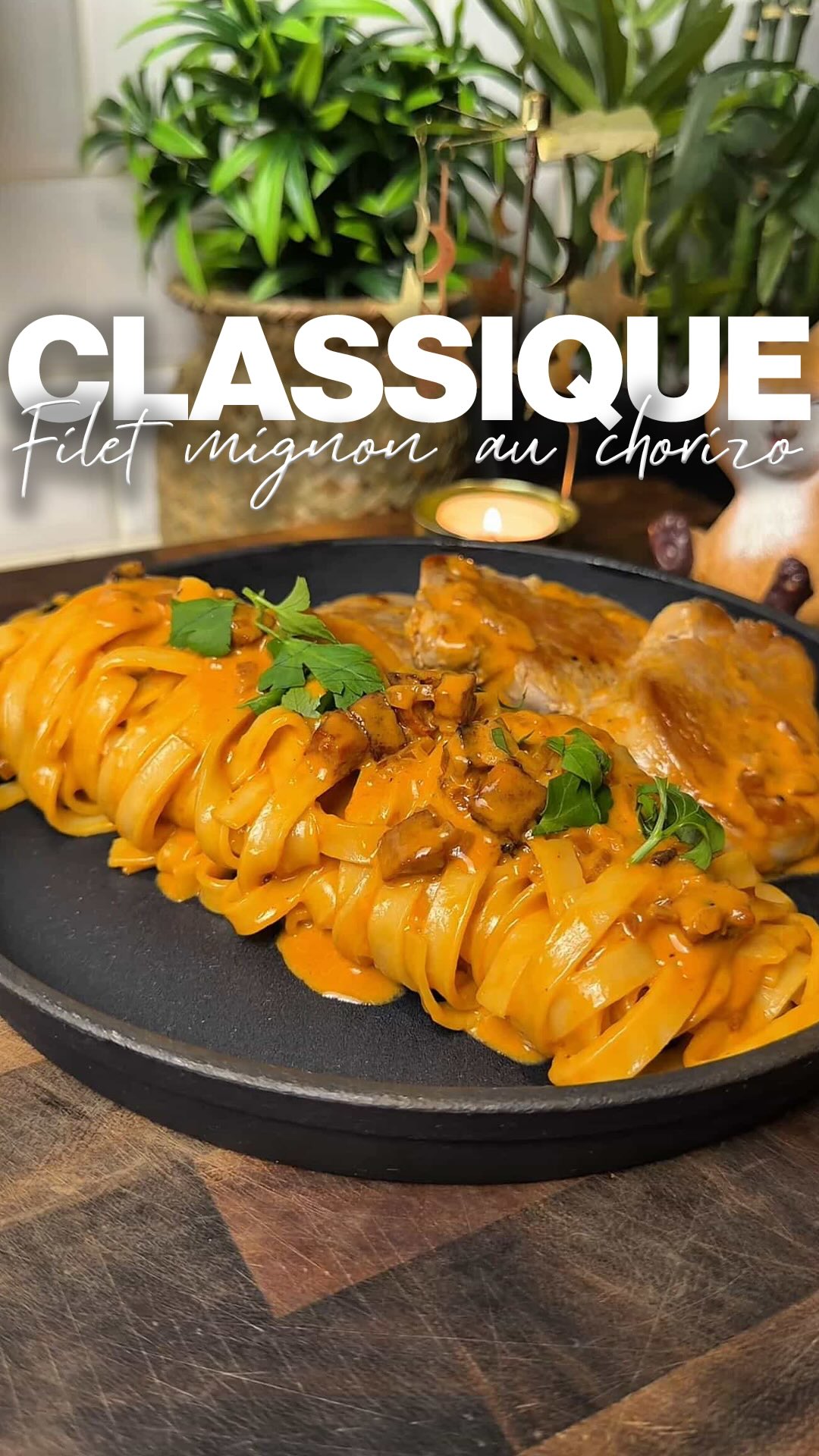 Filet de porc, chorizo, pâtes crémeuses